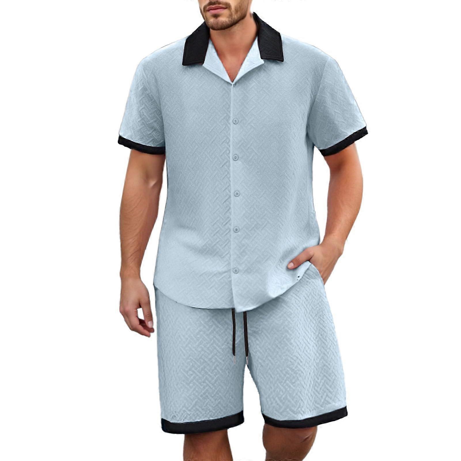 Children's socks, shortsleeved shirt with color blocking, men's shorts, casual, loose, trendy, comfortable summer suits for men, blue, size M.