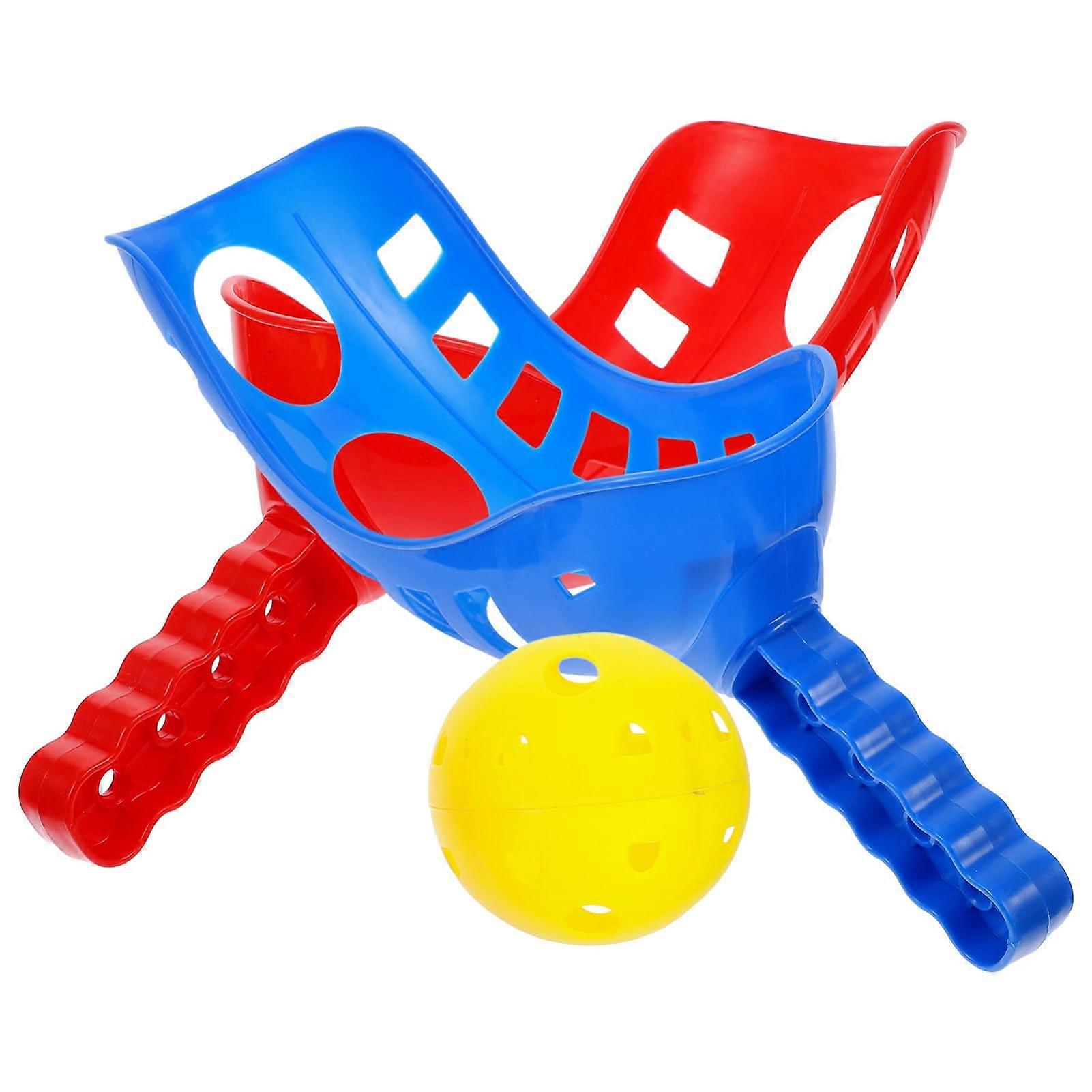 3-Piece Scoop Ball Set for Outdoor Games with Blue and Red Handles and Yellow Ball for Garden and Beach Play