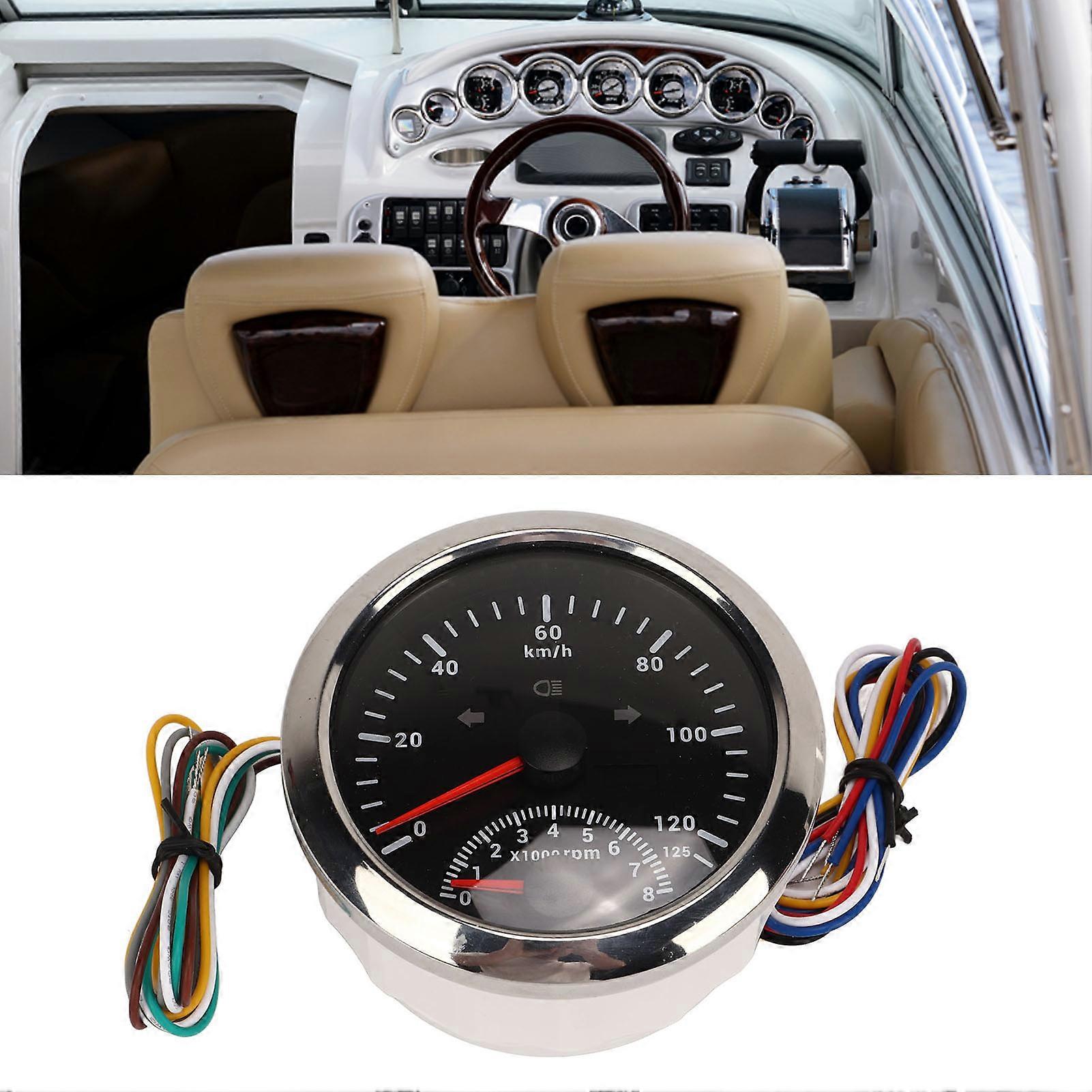 GPS Speedometer with Tachometer 8000 RPM 85mm 3 3/8 in GPS Speedometer with Indiction Light for Marine ATV Vehicle Black Dial Silver Bezel 