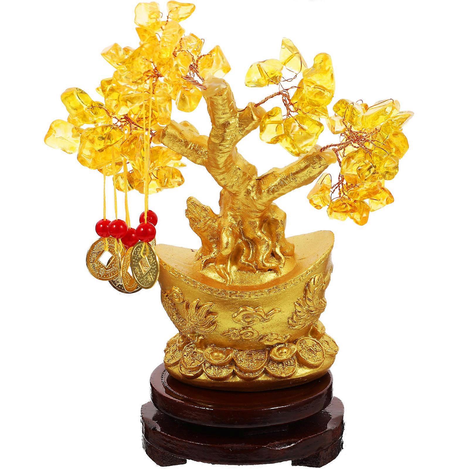 Nolitoyfeng Shui Money Tree, Yellow Crystal Quartz Lucky Tree Golden Bottom Chinese Copper Coin String Decoration For Wealth/Fortune And Luck