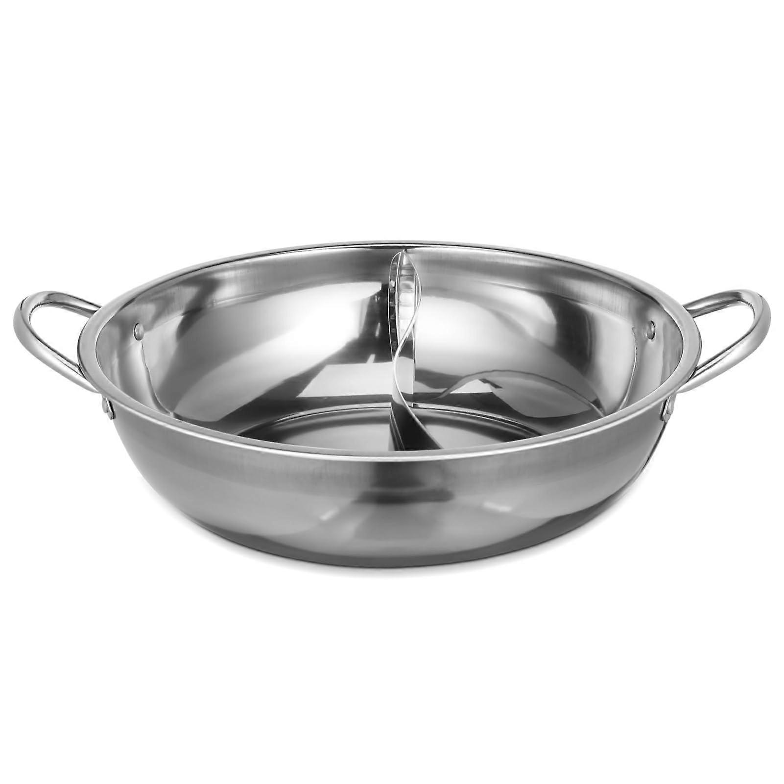 Hot pot with partition wall and double handle for induction and gas stoves, divided pan for hot pot, easy to clean and nonslip.