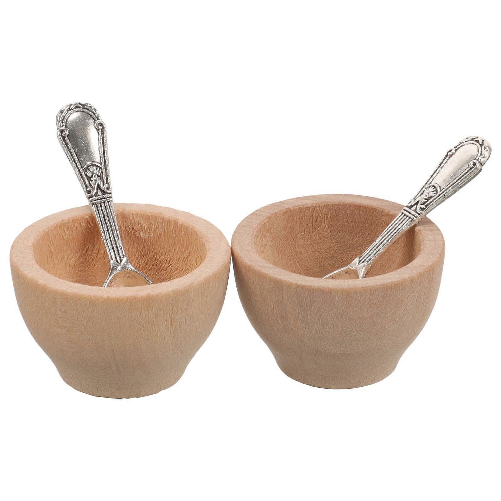 Accessoires de cuisine miniatures en bois et métal pour maison de poupée avec bols et ustensiles beiges Set de 2