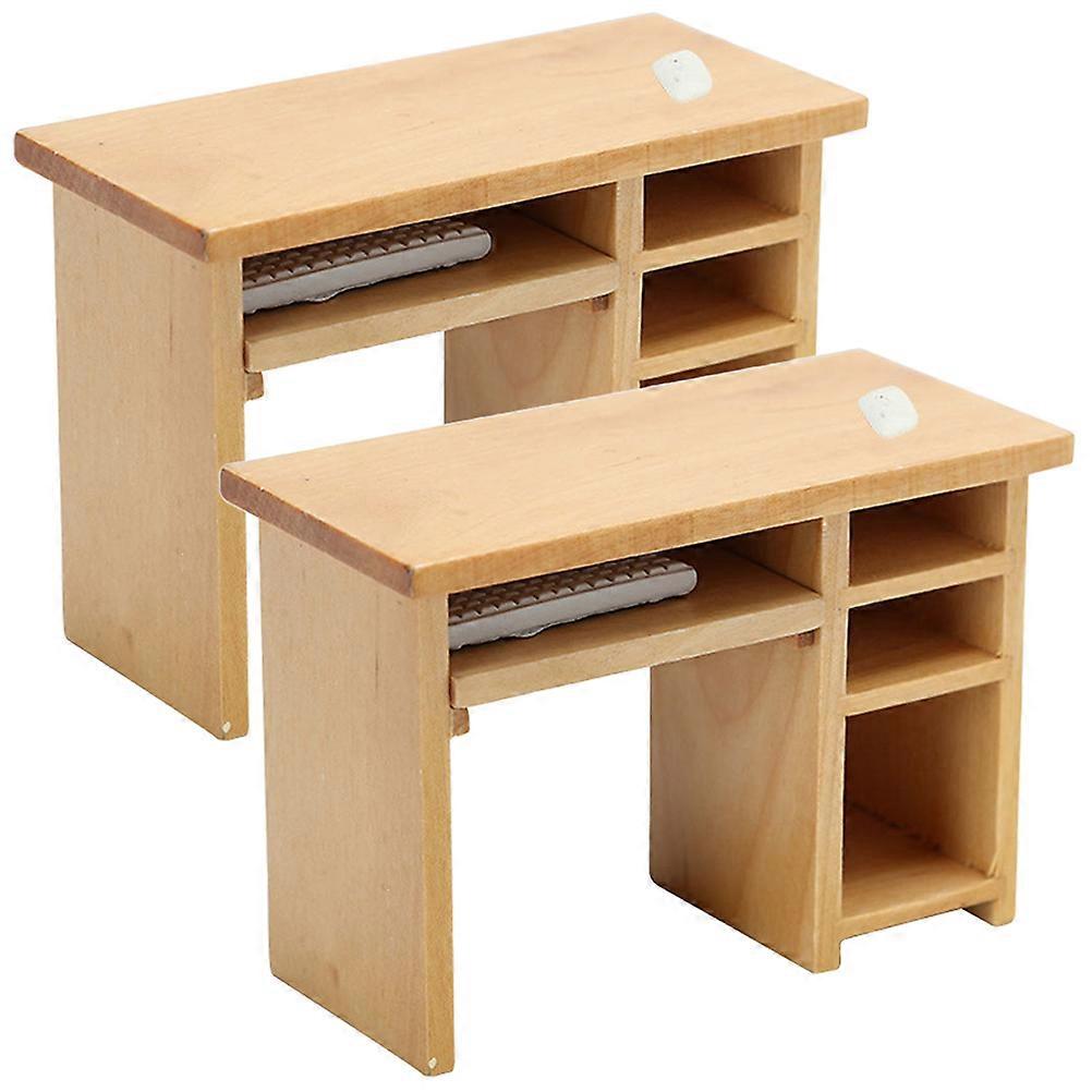 Doll House Decoration 2 Sets Miniature Computer Desk Furniture Made From Wood Designed For Kids And Collectors