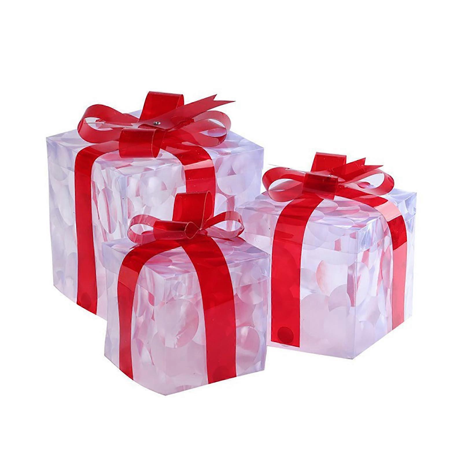 Christmas Illuminated Gift Boxes, 3-Piece Set, White Boxes With Gold Snowflakes Red Ribbons, Sequined For Buphthalmus