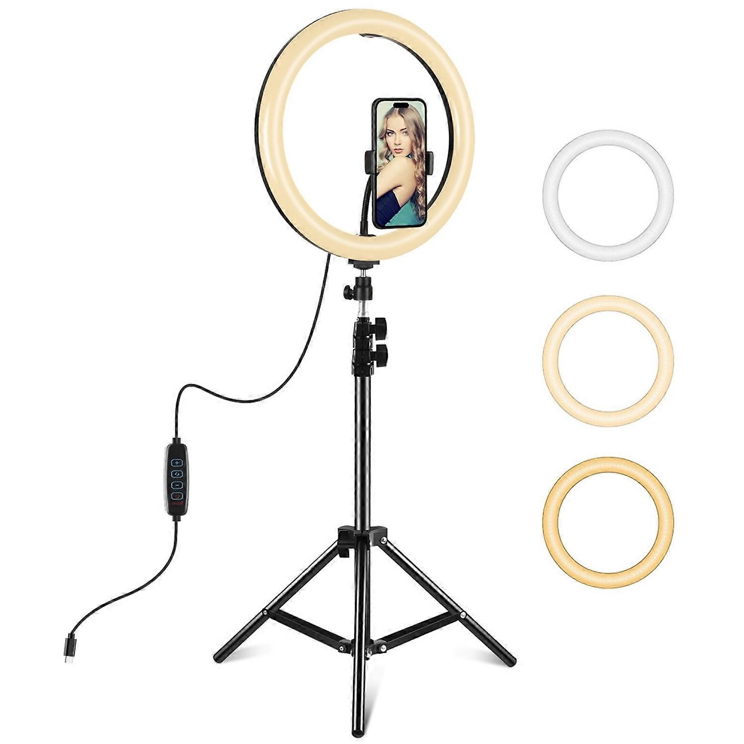 PULUZ PKT3098B 30cm LED Ring Light Type C Plug Dimmable Fill Lamp with Phone Holder and PU419 Tripod