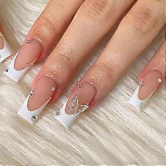 White French Tip Press on Nails Medium Aritifical Square Fake Nails Rhinestones