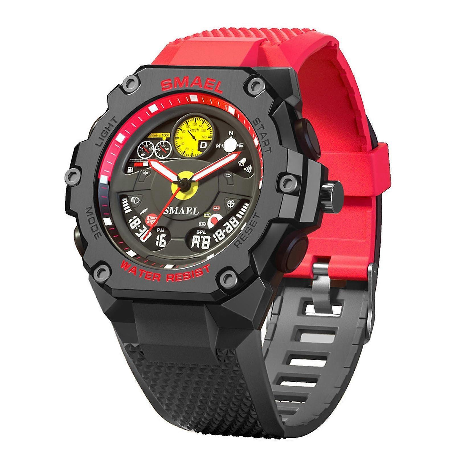 Men's Waterproof Military Watch with Alarm, LED Date, Stopwatch, Chronograph, Dual Time Display in Black Red for Adults and Teens