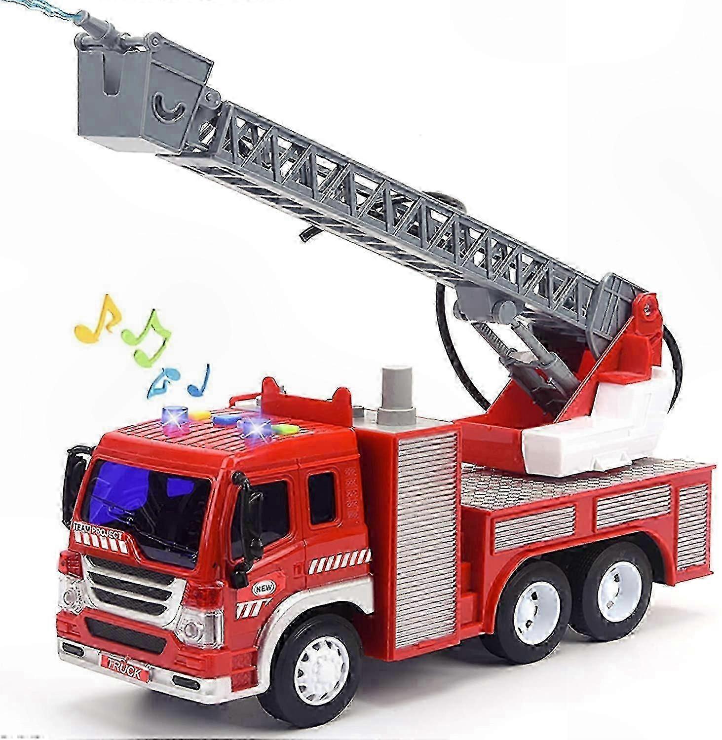 Fire Engine Toy with Lights, Sounds, and Extendable Ladder - Friction Powered Vehicle with Water Pump and Siren Effects