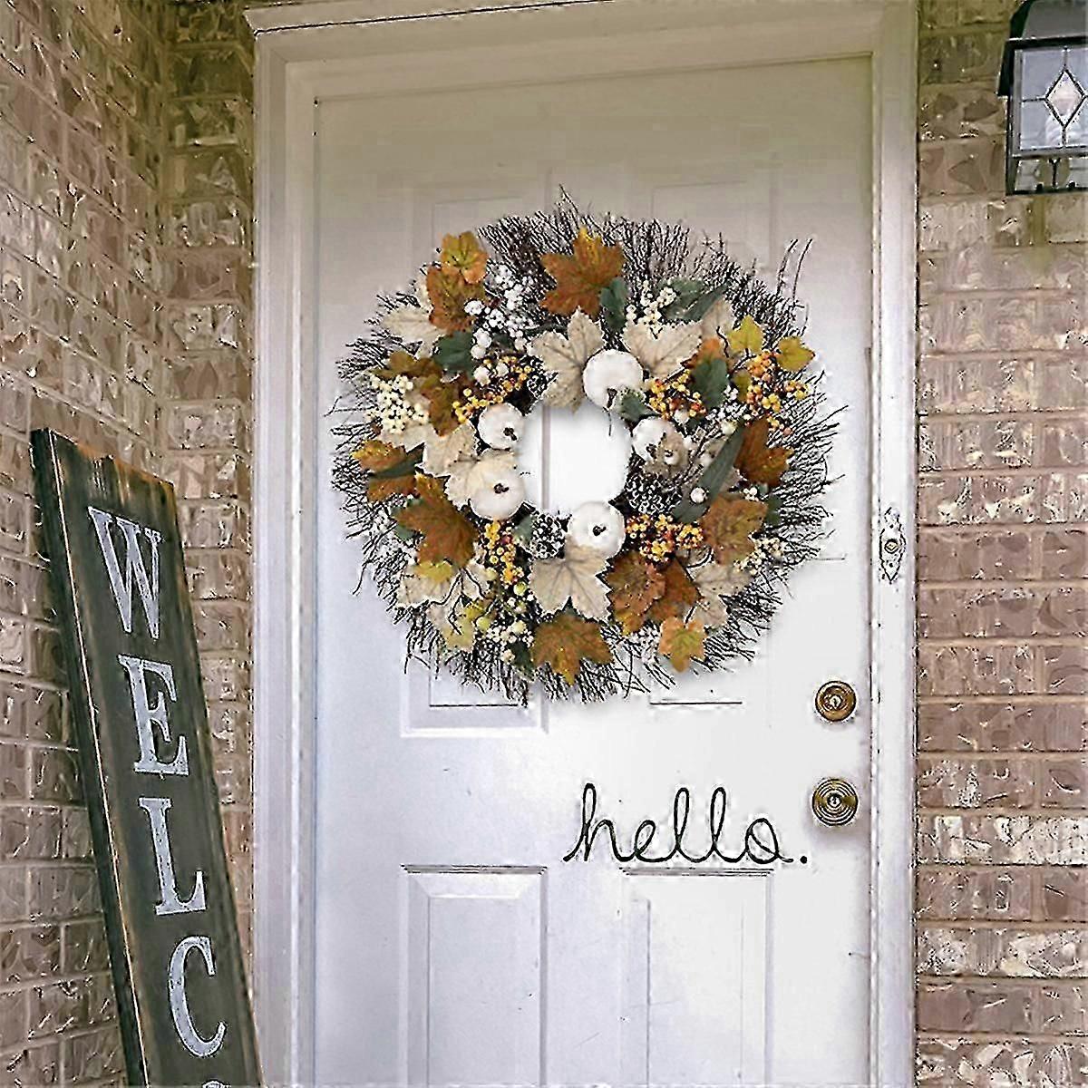 Autumn Thanksgiving Decorations Harvest Season Maple Leaf White Pumpkin Wreath Porch Wreath Pendant