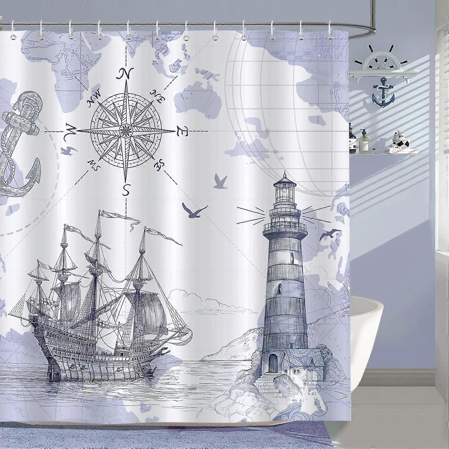 Nautical Shower Curtain,Sailboat Map Compass Lighthouse Polyester
