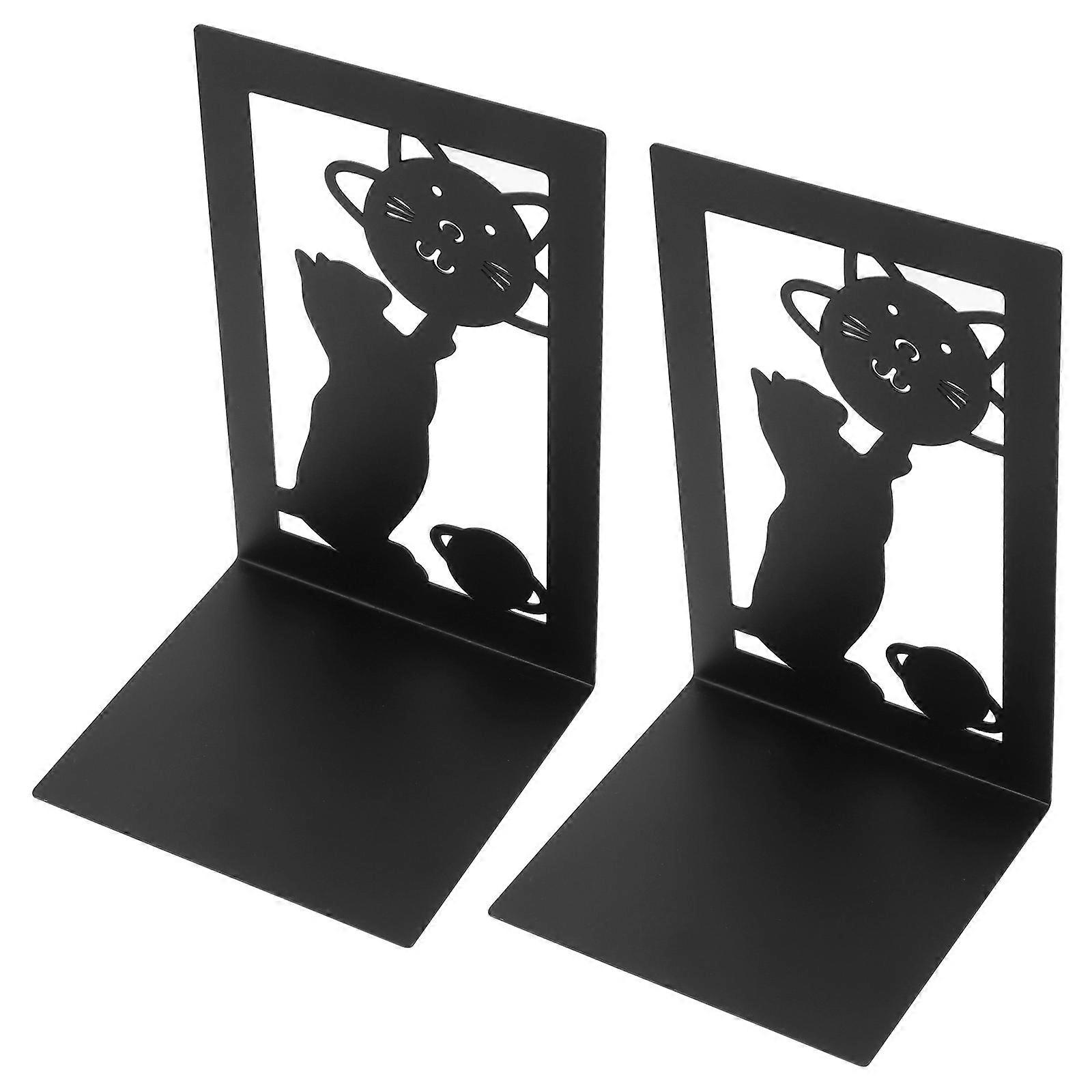 Iron Bookend Cat Pattern for Storage Use 2Pcs Metal Desktop Book Ends