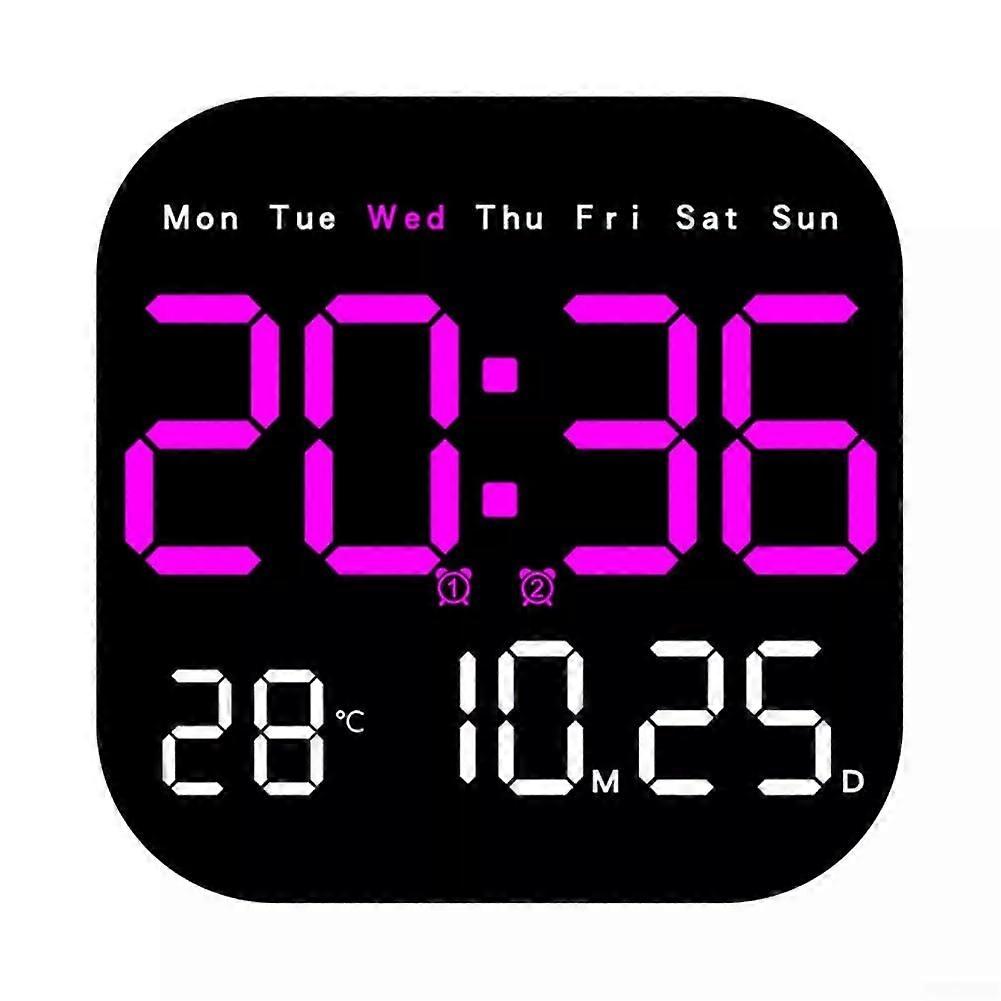 LED Digital Wall Clock With Large Display, Temperature, Date, Countdown, Square Timer, Adjustable Brightness, Pink
