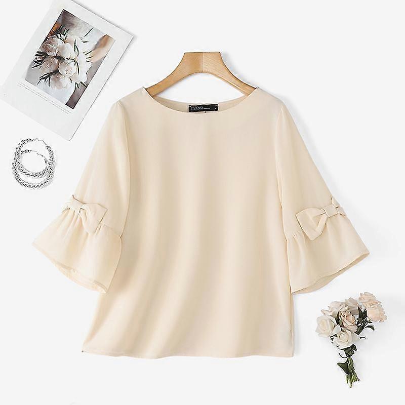 ZANZEA Womens Summer Round Neck Solid Color Half Sleeve Blouse