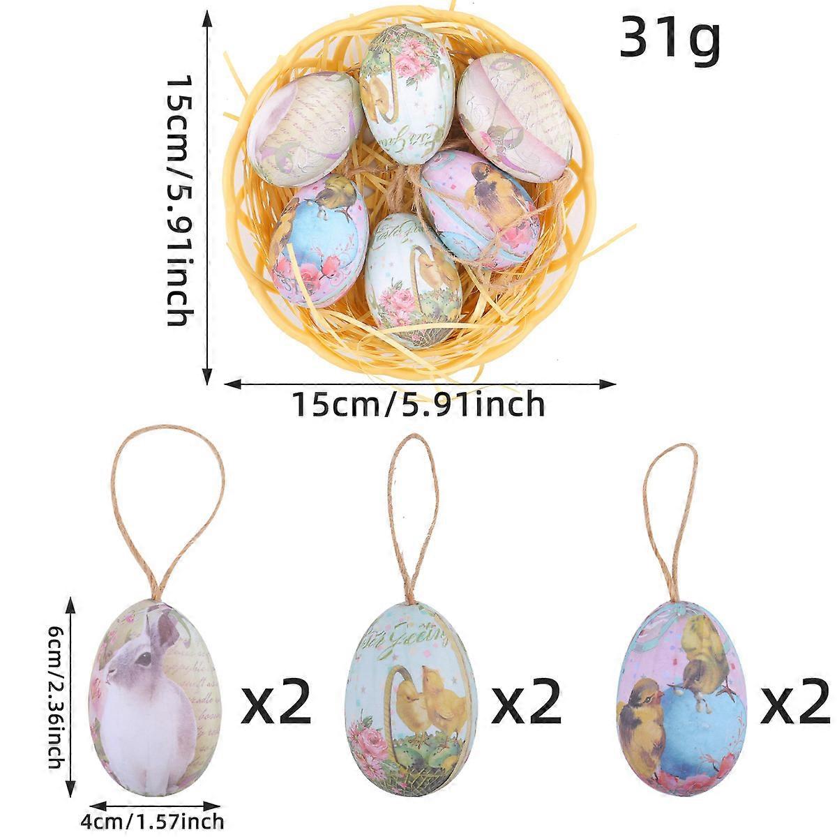 Easter egg decorations, bamboo baskets, painted eggs, foam egg pendants, party decorations.