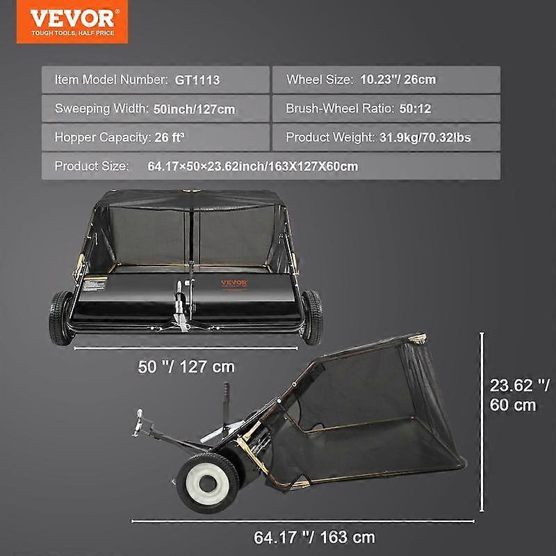 VEVOR Tow Behind Lawn Sweeper, Pull Behind Lawn Sweeper 50", 26 cu. ft Large Capacity Leaf & Grass Collector, with Adjustable Sweeping Heigh