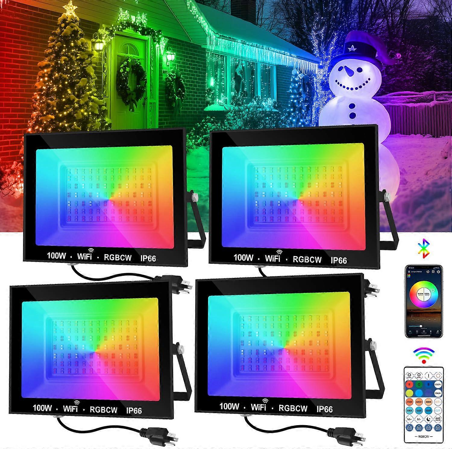 RGB LED Flood Lights Outdoor 1000W Eq Bluetooth Smart App Control IP66 Waterproof 16M Colors 4 Pack