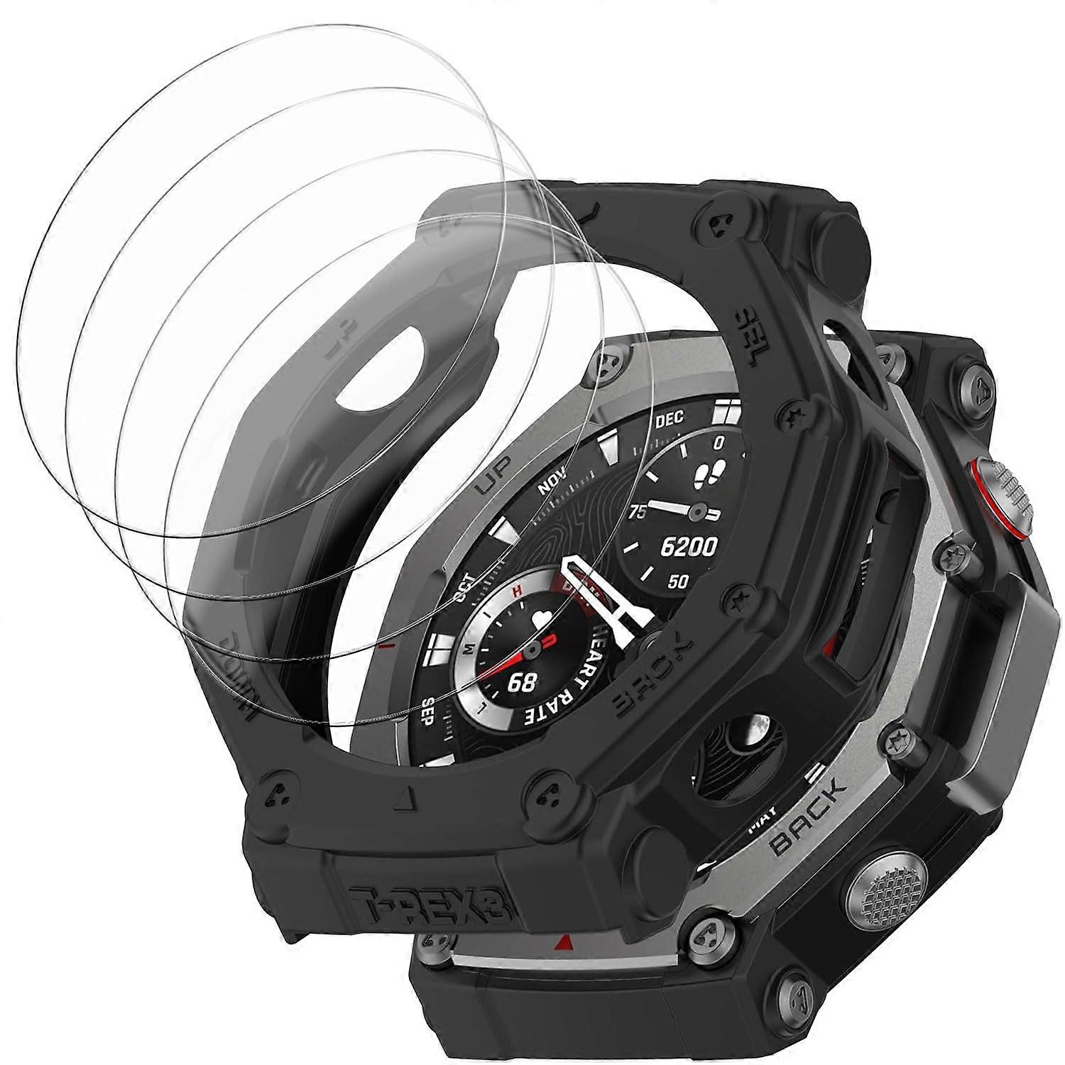 1+4 Pack Case with Tempered Glass Screen Protector Full Coverage TPU Bumper for Amazfit TRex 3