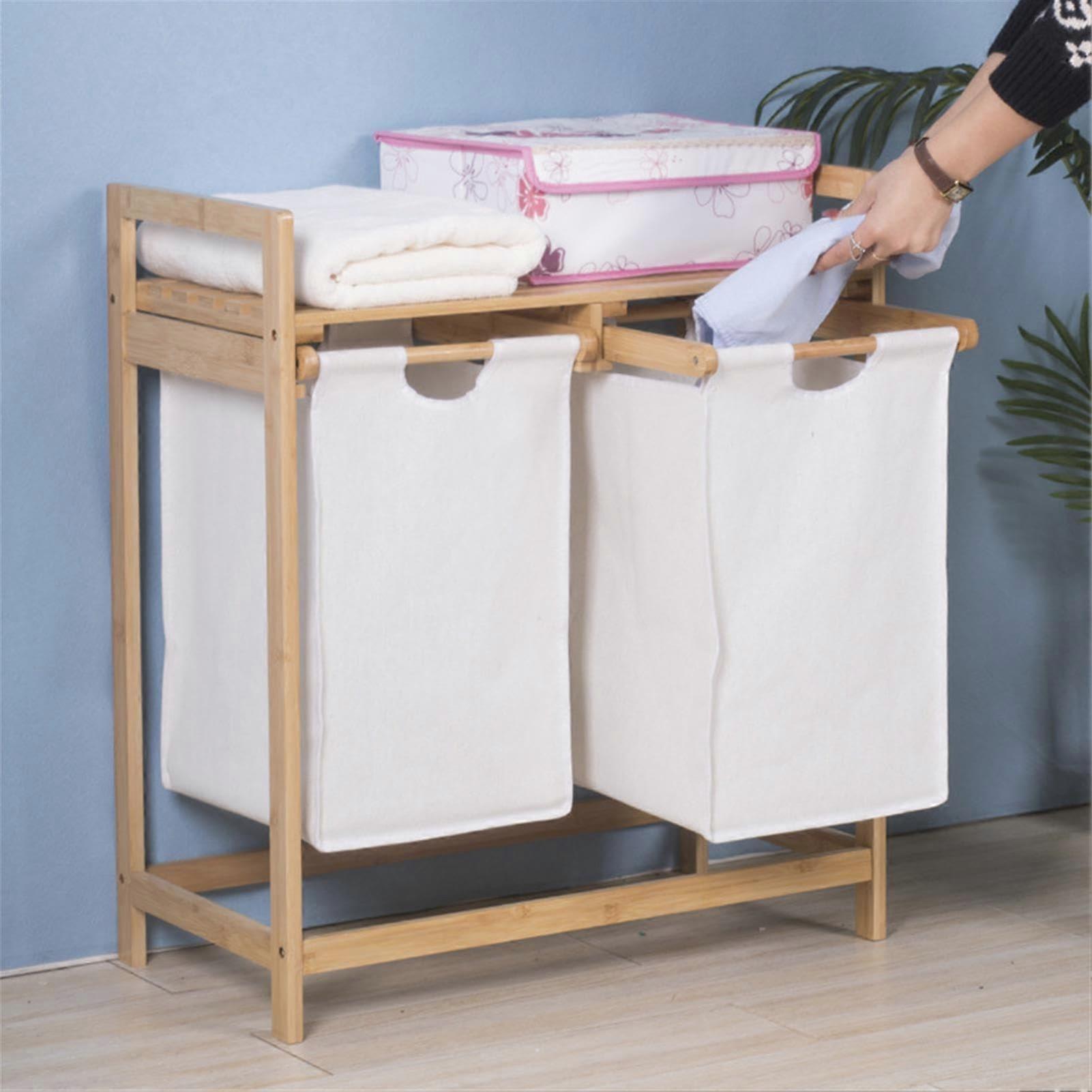 Double Laundry Hamper with Wooden Frame, Removable Bags, Countertop Storage, Space Saving White