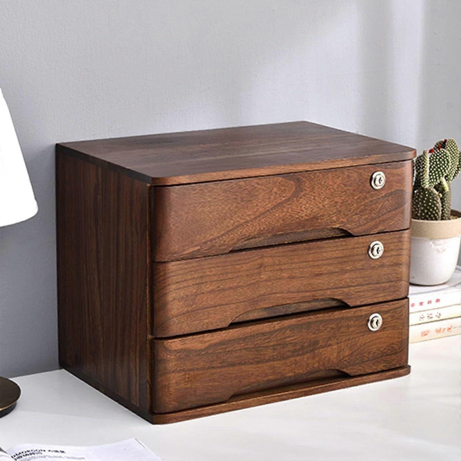 Solid Wood Desktop Organizer with Lockable Drawers, A4 File Cabinet for Home Office 3Tier