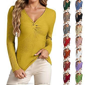 Damestrui met lange mouwen en V-hals, geribbelde gebreide stof, slim fit, lichtgewicht, effen, basic, casual pullover, Z01 Rood, Maat L