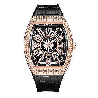 Luxury Rose Gold Diamond Encrusted Square Watch with Black Leather Strap and Unique Compass Design