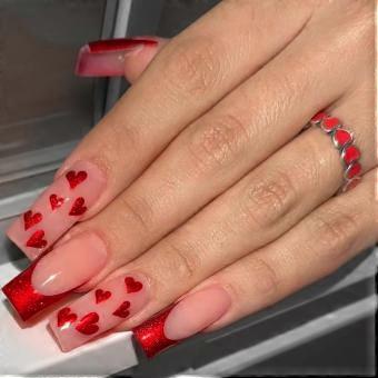 Red Heart French Coffin Press On Nails
