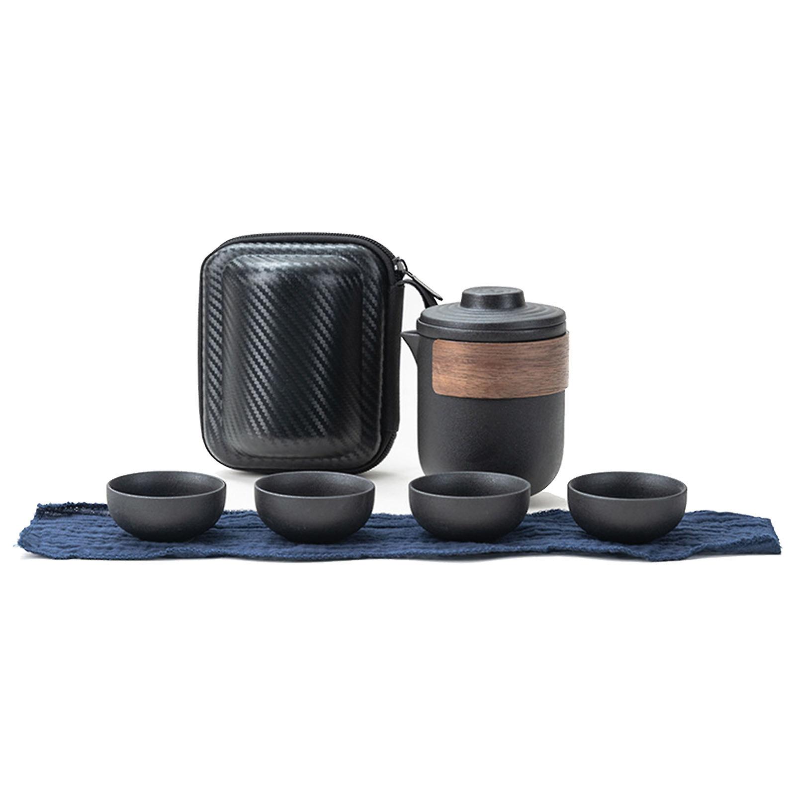 Travel Tea Set Portable Anti Burn Mini Ceramic Teapot Infuser Set for Outdoor with Storage Bag Black Pot with 4 Cups