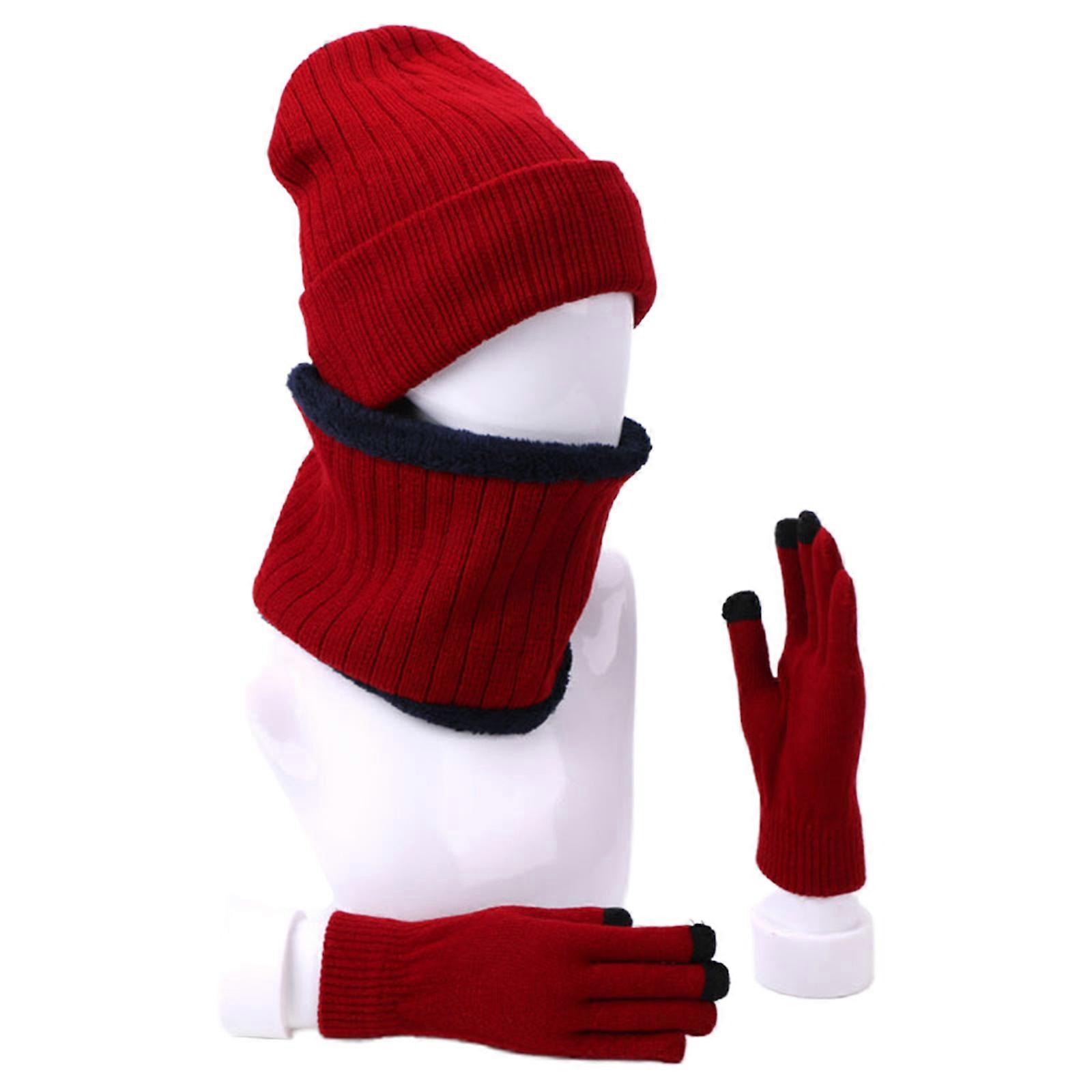  Unisex 3Pcs Winter Plush Lined Beanie Hat Circle Scarf Touchscreen Gloves Set