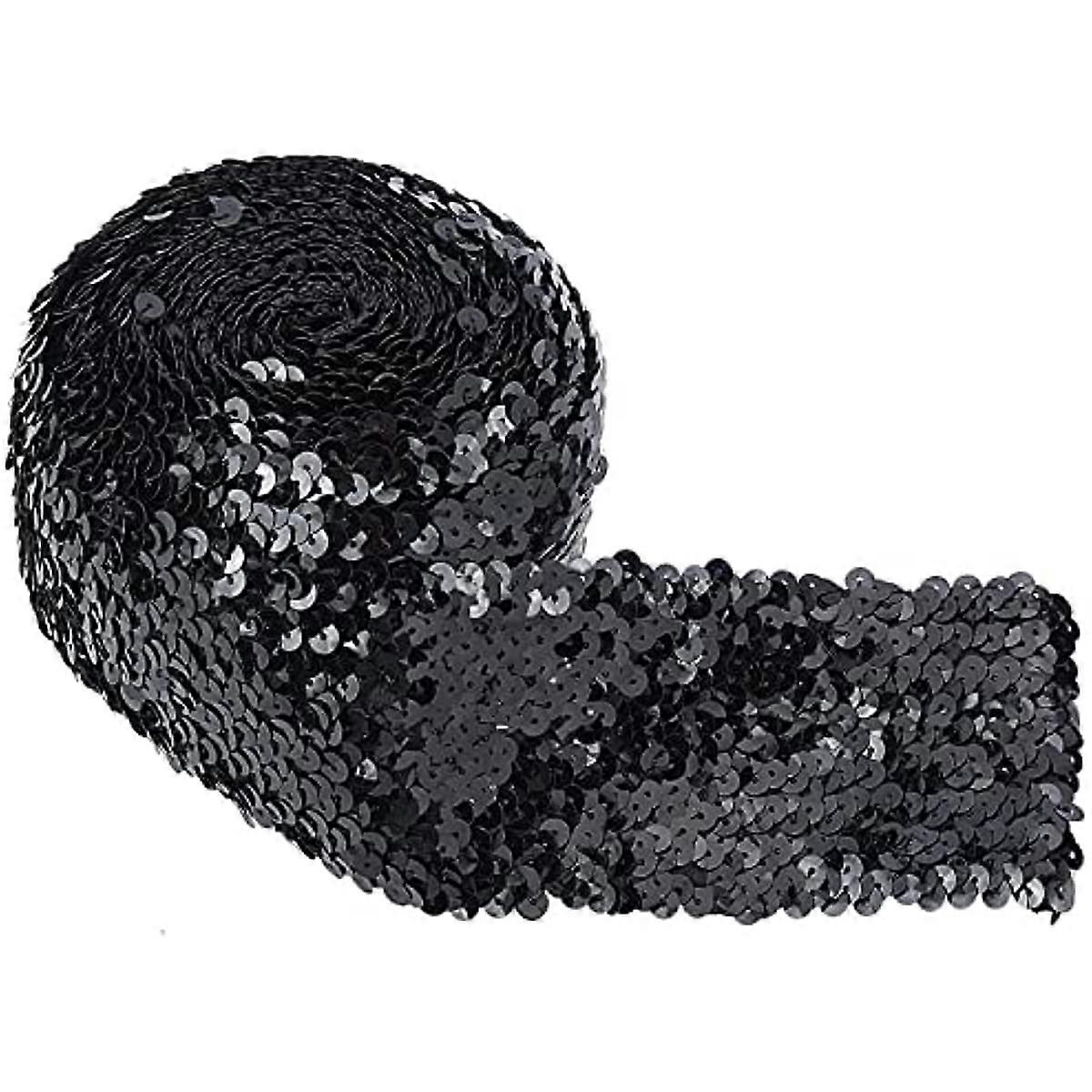 5.5Yards Sequin Trim Elastic Sequin Ribbon Flat Sequins Paillette Lace Trim 3 Inch Wide Black Metallic Stretch Trim Bling Fabric Paillette Trim