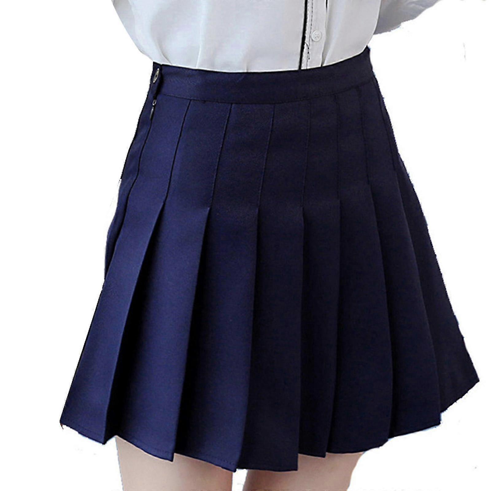 XL A;Navy Blue Girls Women High Waisted Plain Pleated Skirt Skater