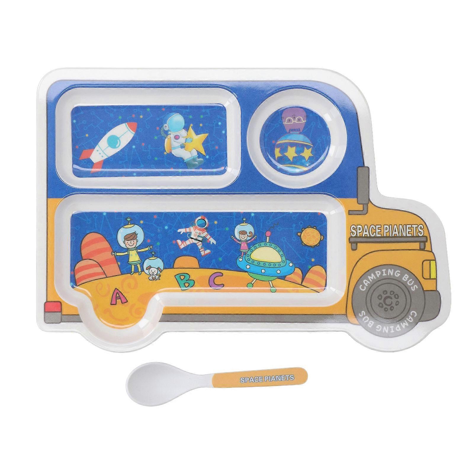 Kids Dinner Plate with Spoon Bamboo Fiber Divided Plates Cartoon Pattern Mealtime Tableware Safe Dinnerware for Students Type B