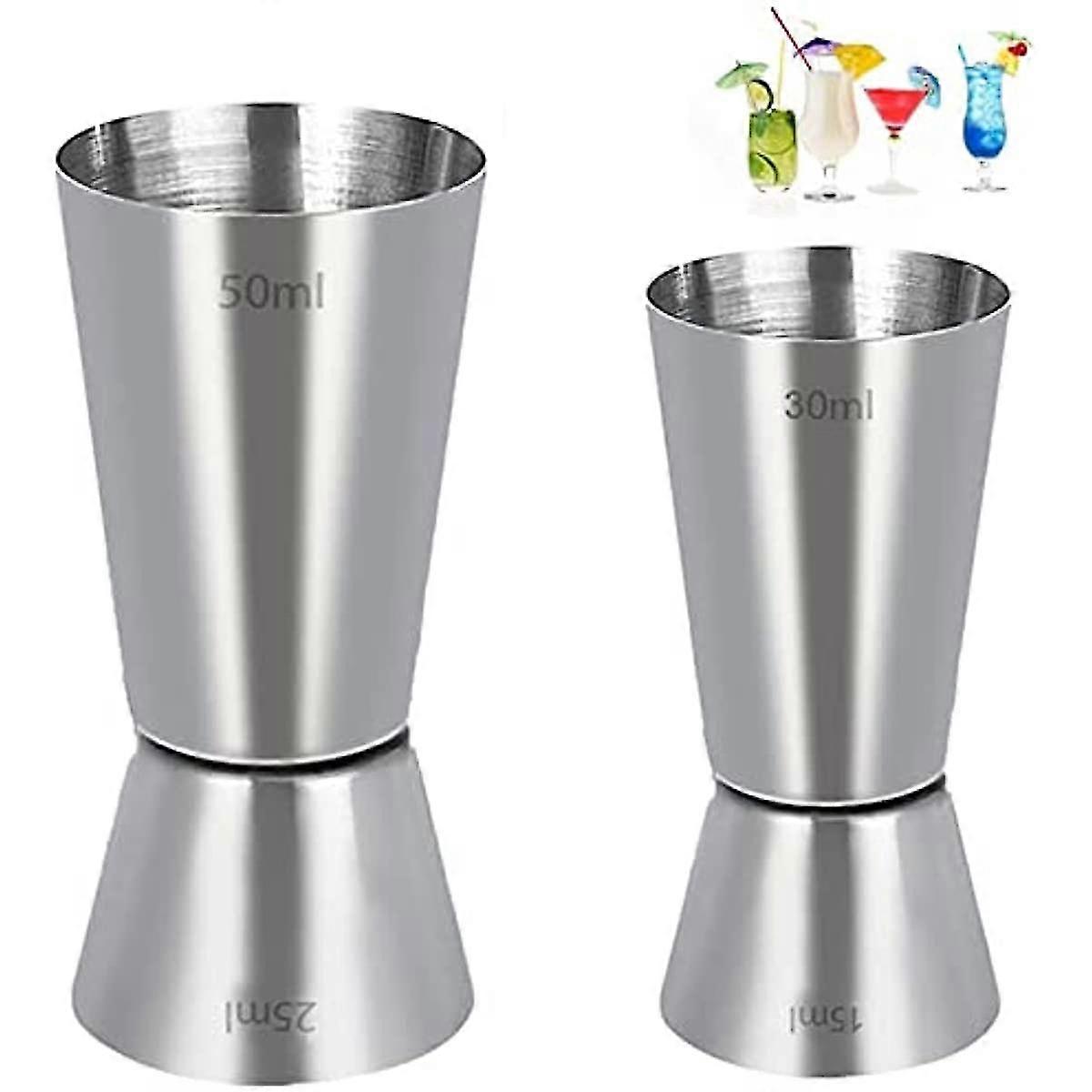 Set Of 2 Stainless Steel 25/50 Ml & 15/30 Ml Cocktail Jigger Spirit Measure Cup, Shot Measure Dual Measuring Cup For Bar Party Wine Cocktail Drink Sha