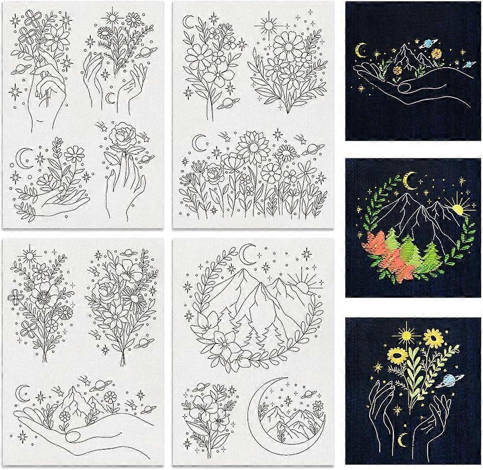 4 Sheets Bouquet Sewing Embroidery Stabilizers 13pcs Star Embroidery Paper with Pre-Printed Water Soluble Stabilizer for Embroidery Hand Sewing Lover