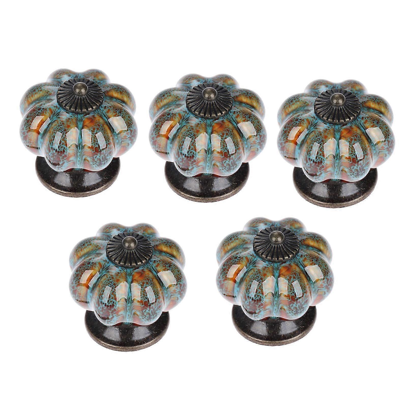 For 5pcs Vintage Ceramic Pumpkin Shaped Kitchen Door Handle Drawer Cabinet Door Knobs Blue