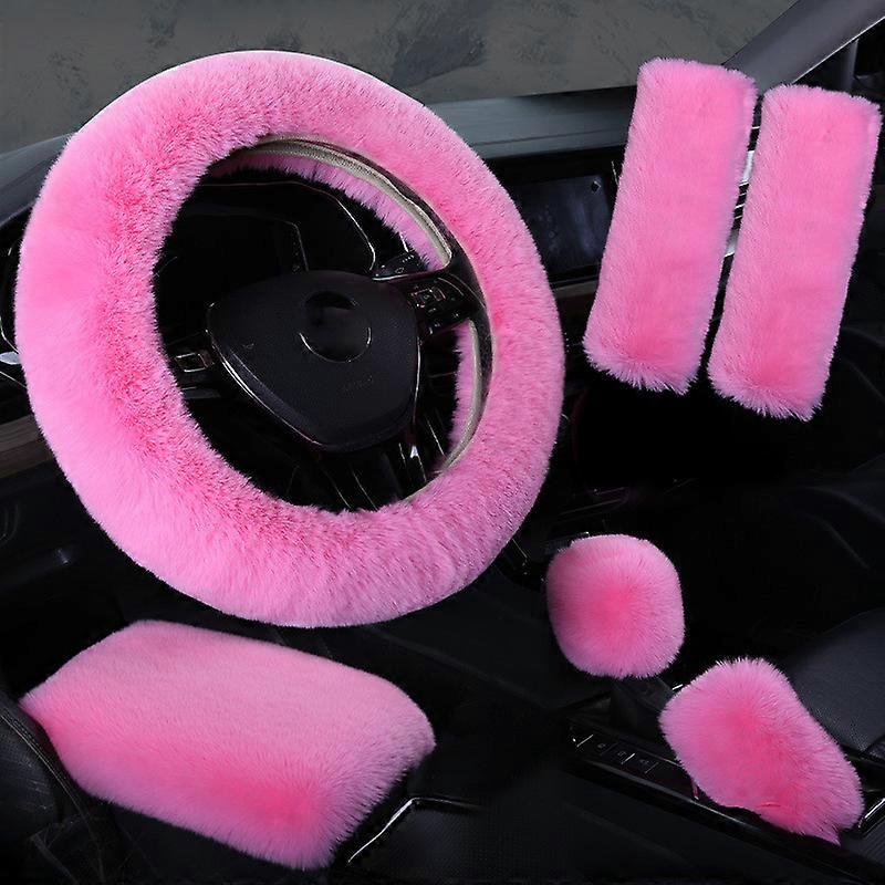 6pcs In 1 Set Faux Wool Steering Wheel Cover Soft Fluffy Handbrake Cover & Gear Shift Cover & 2pcs Seat Belt Shoulder Pads Warm Universal Fit For 15In