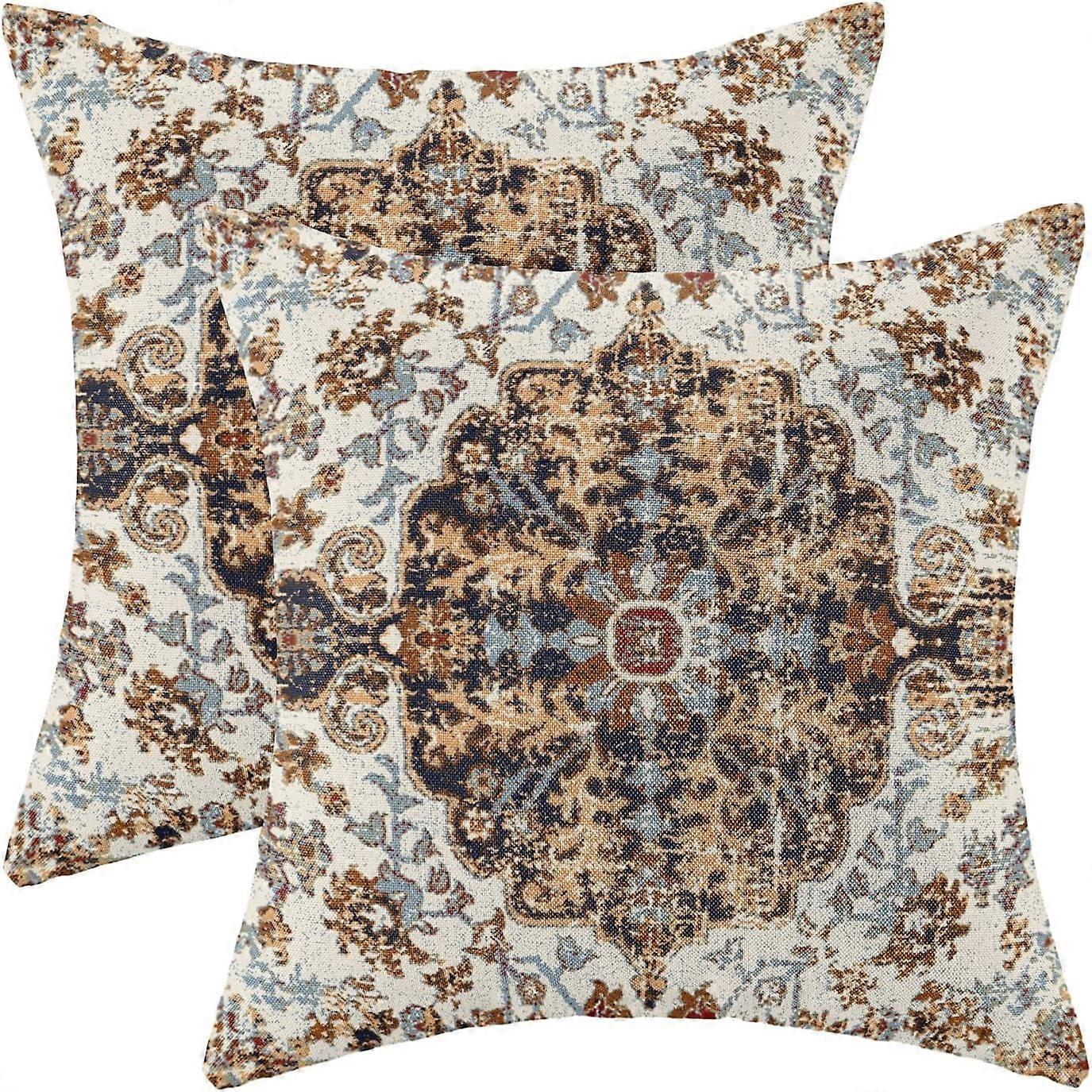 自由奔放に生きる枕カバー20x20インチ2個セット、カーペットパターンスロー枕ケース、ネイビーブルーブラウンエスニックデザイン屋外装飾スクエアリネン農家の装飾