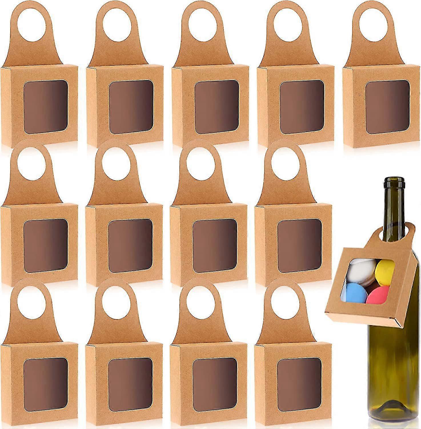 25pcs Kraft Paper Wine Bottle Box with Window, Foldable Wine Candy Boxes for Christmas New Year Wedding Parties Favor Wine Accessory Sets