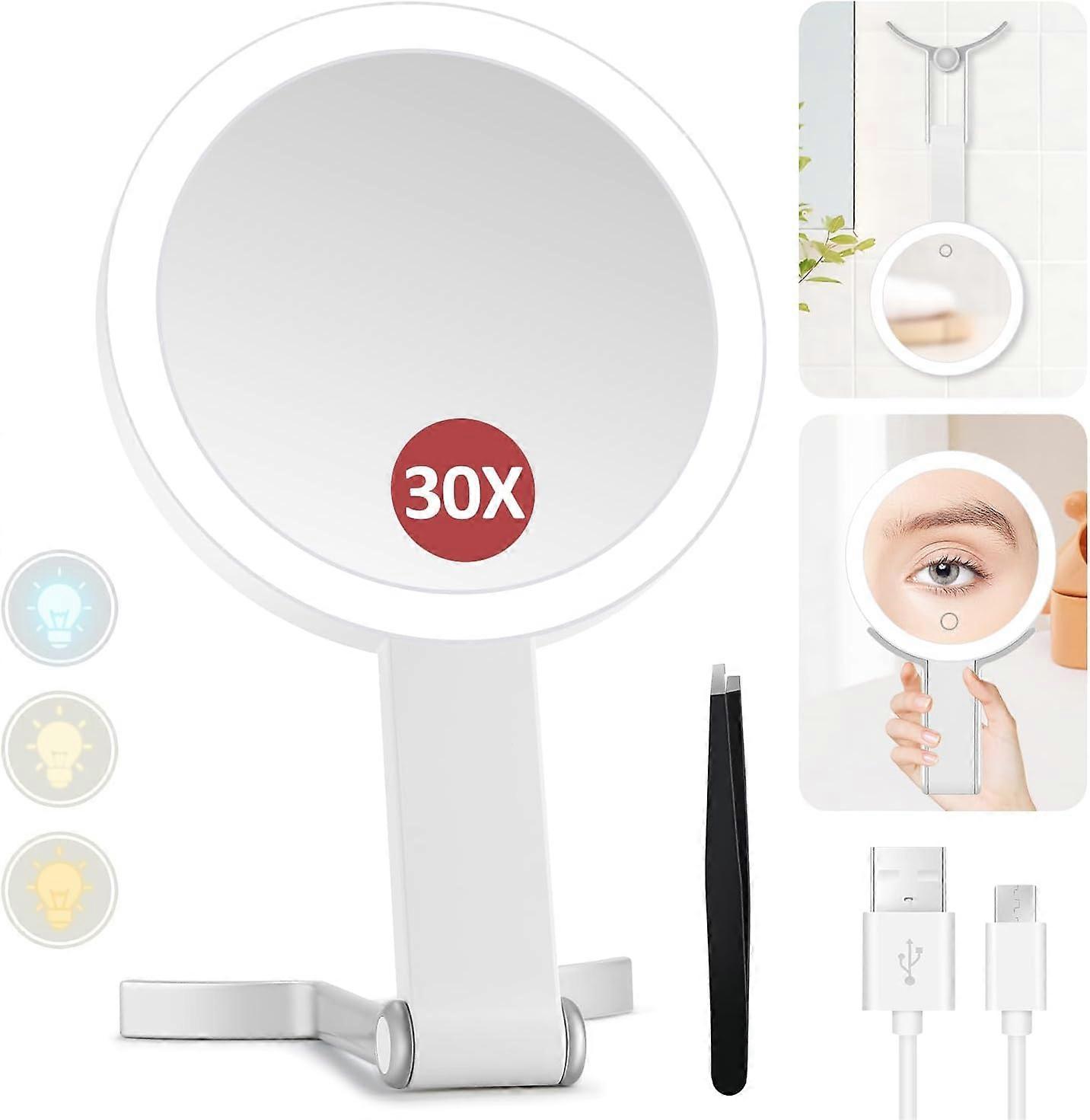Lighted makeup mirror, 30x magnification, lighted and adjustable, hanging and handheld mirror with handle
