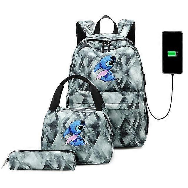 New Stitch Print Student School Bag Three-piece Set USB Backpack Computer Bag