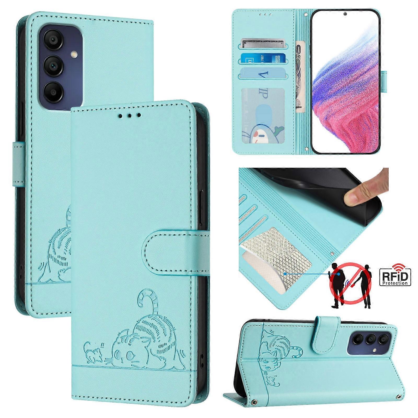 Cat Rat Embossed Pattern RFID Leather Phone Case with Lanyard
