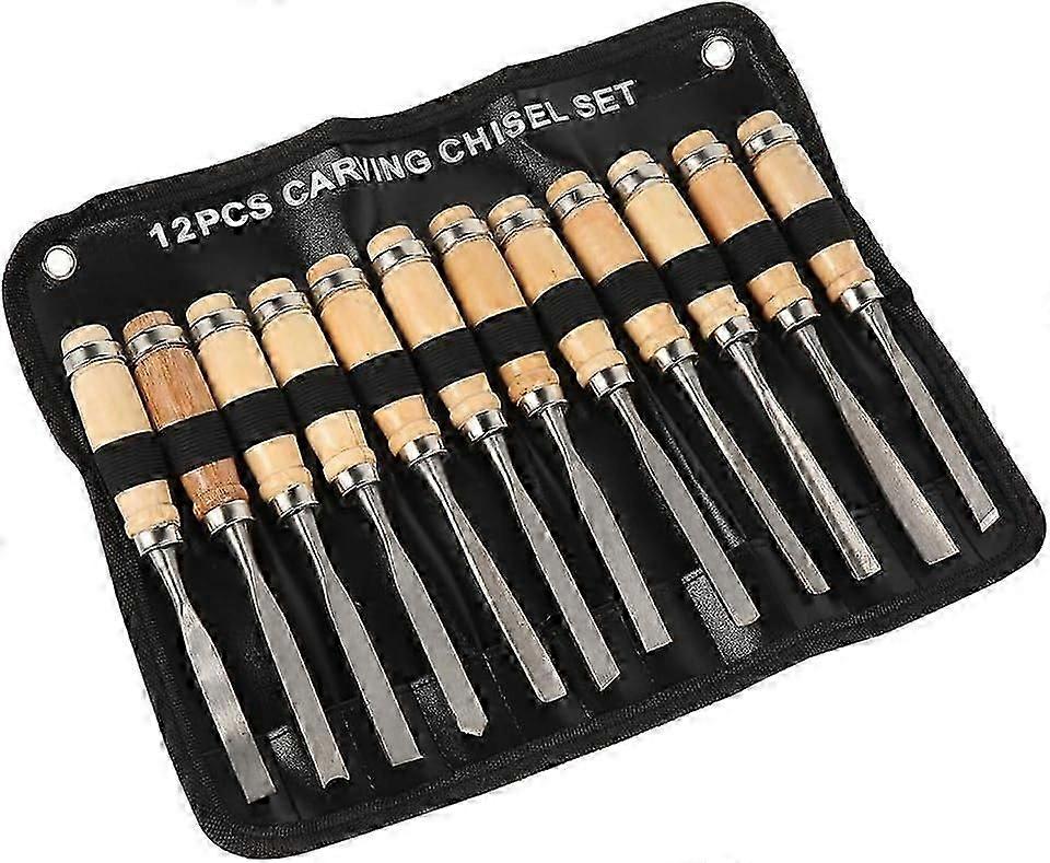 2025 Suitable 12Pcs Wood Carving Tools Wood Chisel Set with Wooden Handle and Reel Carving Knife Professional Wood