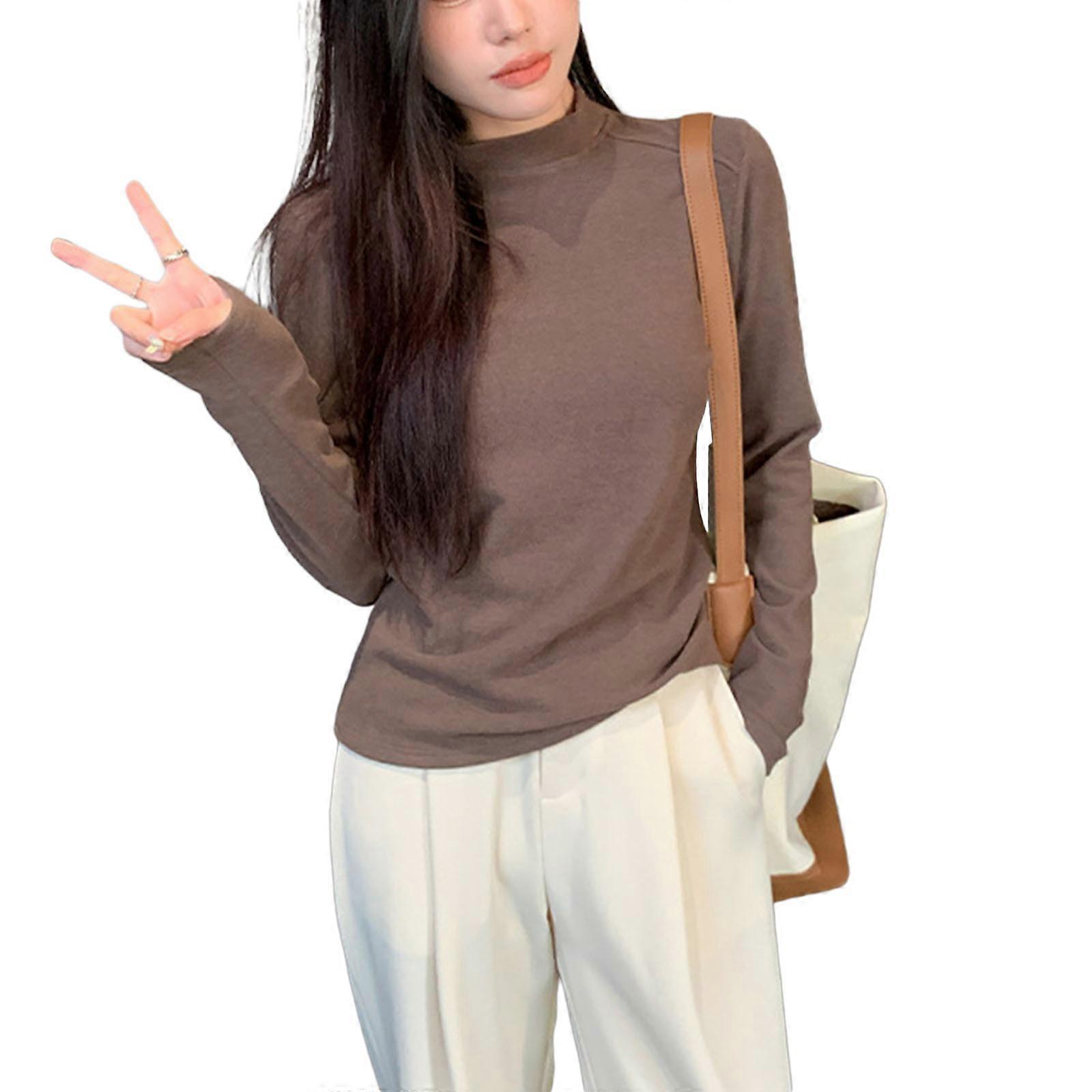 Half Turtleneck Pullover T-Shirt Women Solid Color Basic Long Sleeve Undershirt Slim Fitted Base Layer Pullover Warm Top  brown XL