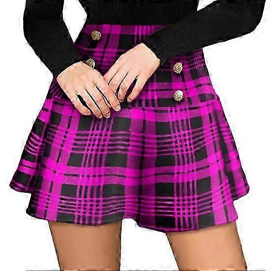 Button-Decorated Skirt, Elegant Plaid Print, Soft and Breathable Polyester, High Waist