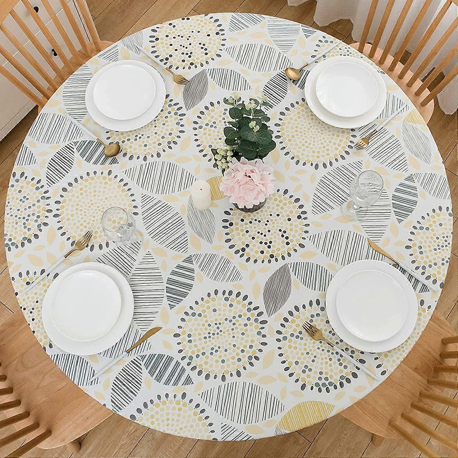 Round Vinyl Tablecloth Flannel-Backed Elastic Edge Waterproof-Oilproof Floral Pattern
