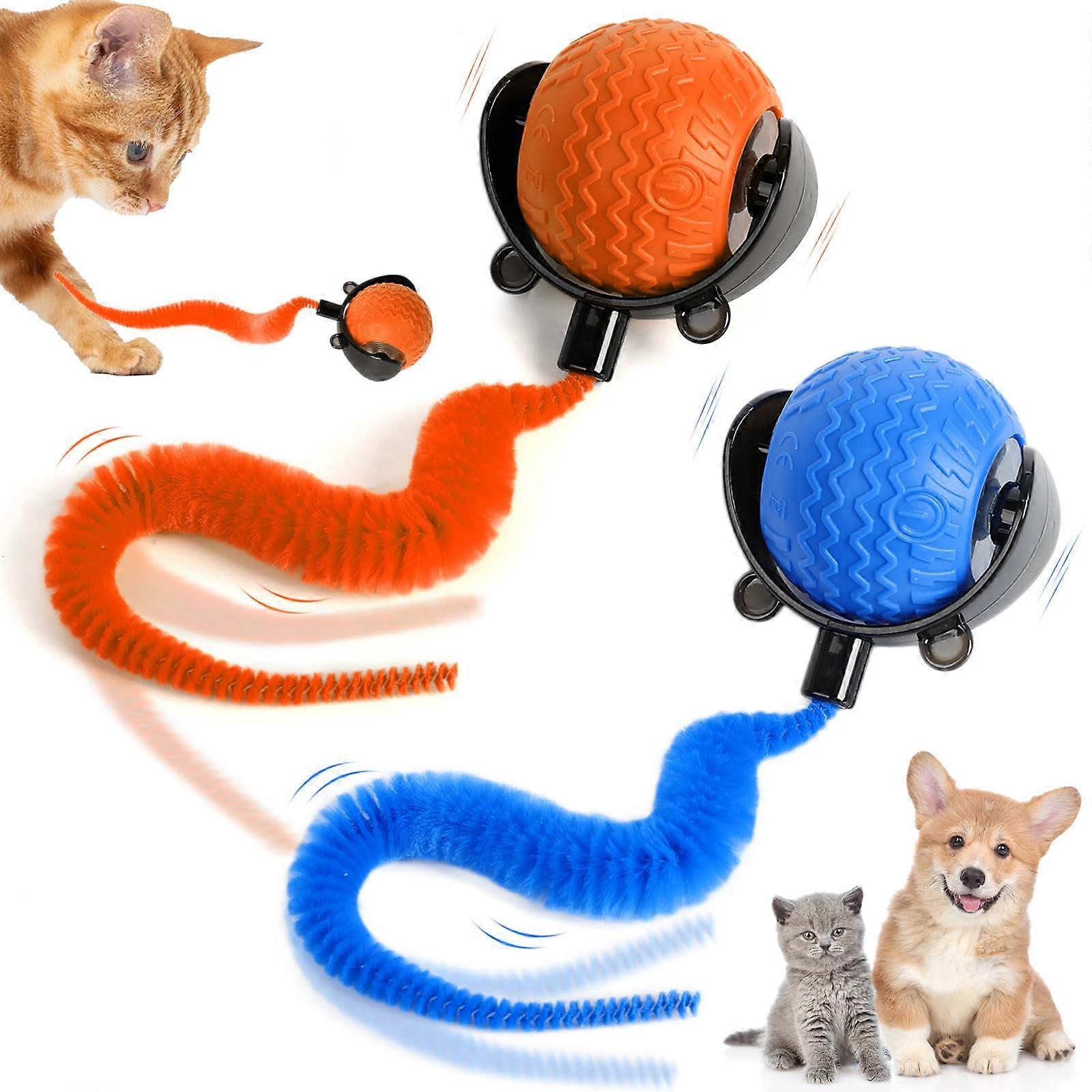 2PCS Interactive Cat Ball Toy with Cord Imitation Mouse, Smart Self Rolling Obstacle Avoidance Toys for Indoor Adult Cats, Blue and Orange
