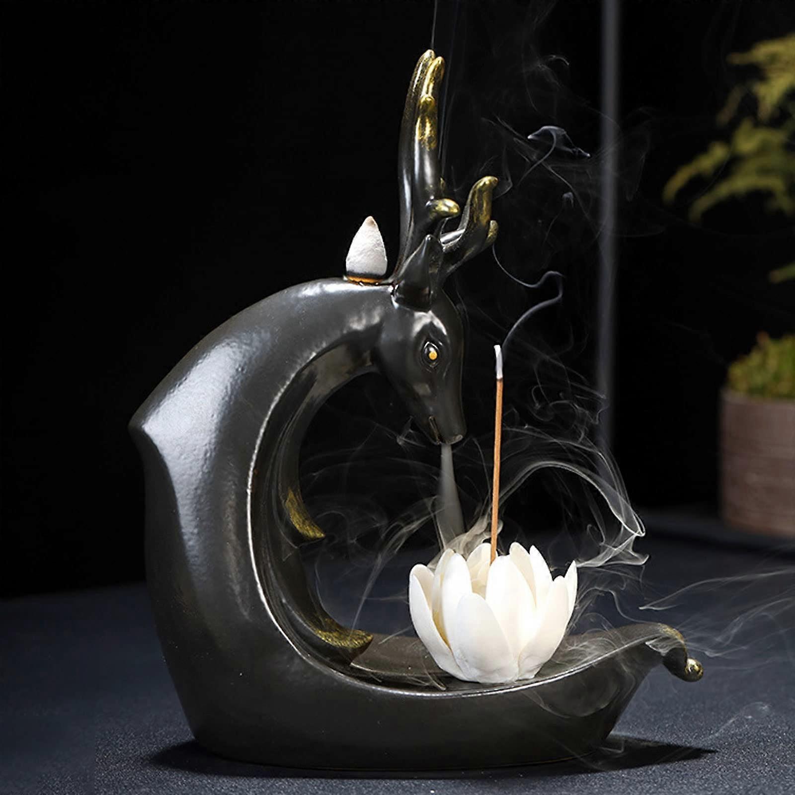 Backflow Incense Burner Waterfall Smoke Lucky Deer Homeware Ceramic Craft Ornament for Aromatherapy Meditation White Flower