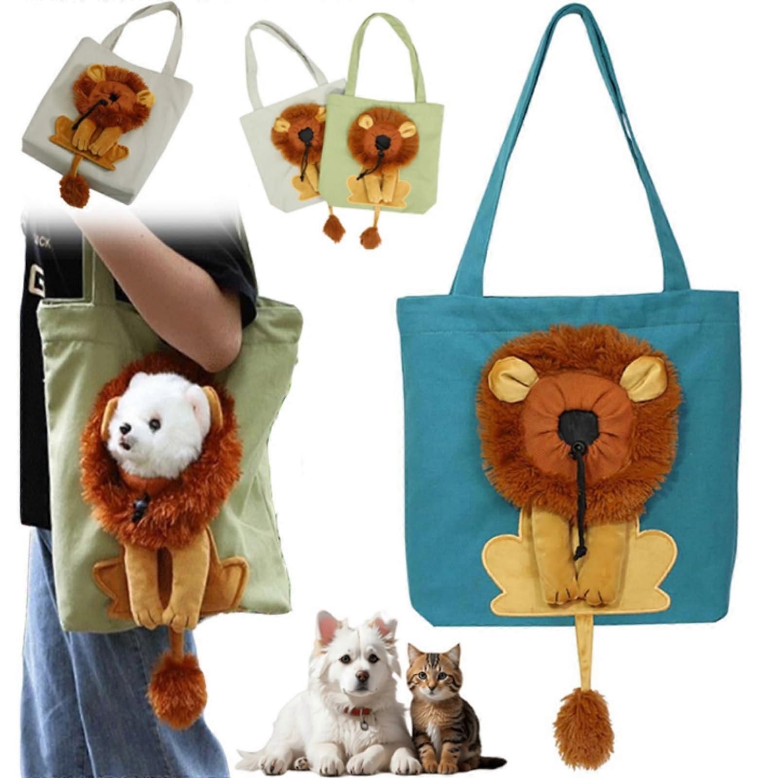 Lion Shaped Dog Bag, Breathable Canvas Pet Backpack, Large Capacity Shoulder Bag for Small Dogs, Lake Blue