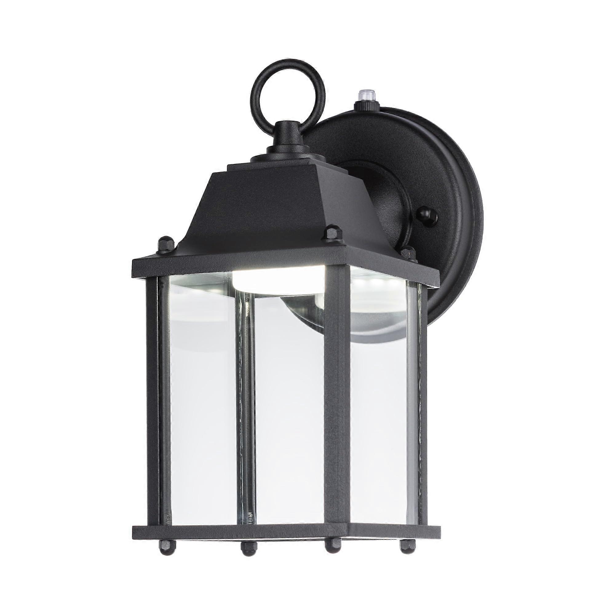Small Outdoor LED Wall Lantern with Dusk to Dawn Sensor, 9.5W 800 Lumen, Aluminum and Glass, Black, 5000K Daylight