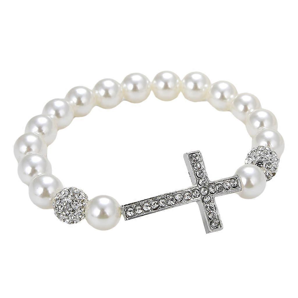 Novidade Pulseiras Charme Corda Elástica Jóias Decoração Imitação de Pérola Frisada com para Cruz Pulseira Presente de Feriado para