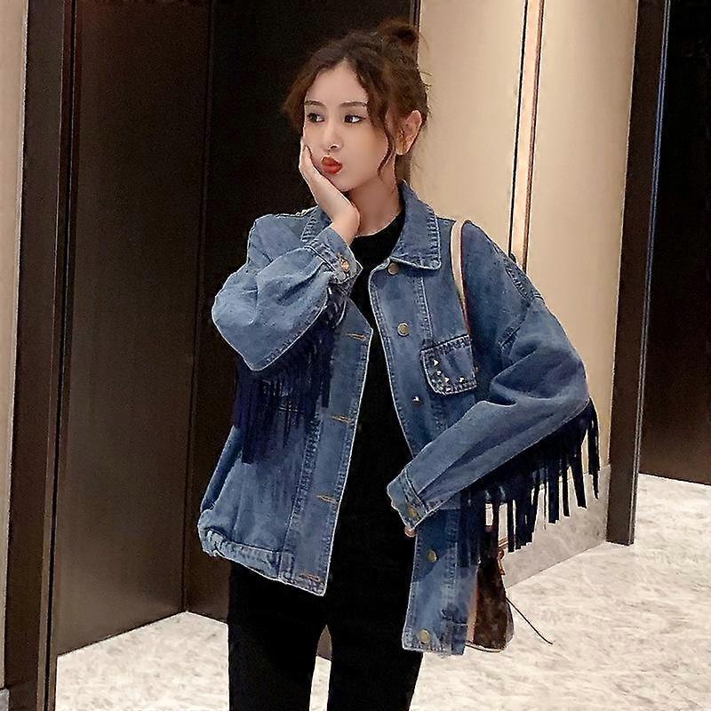 Spring Ladies Loose Casual Embroidered Tassel Denim Shirt